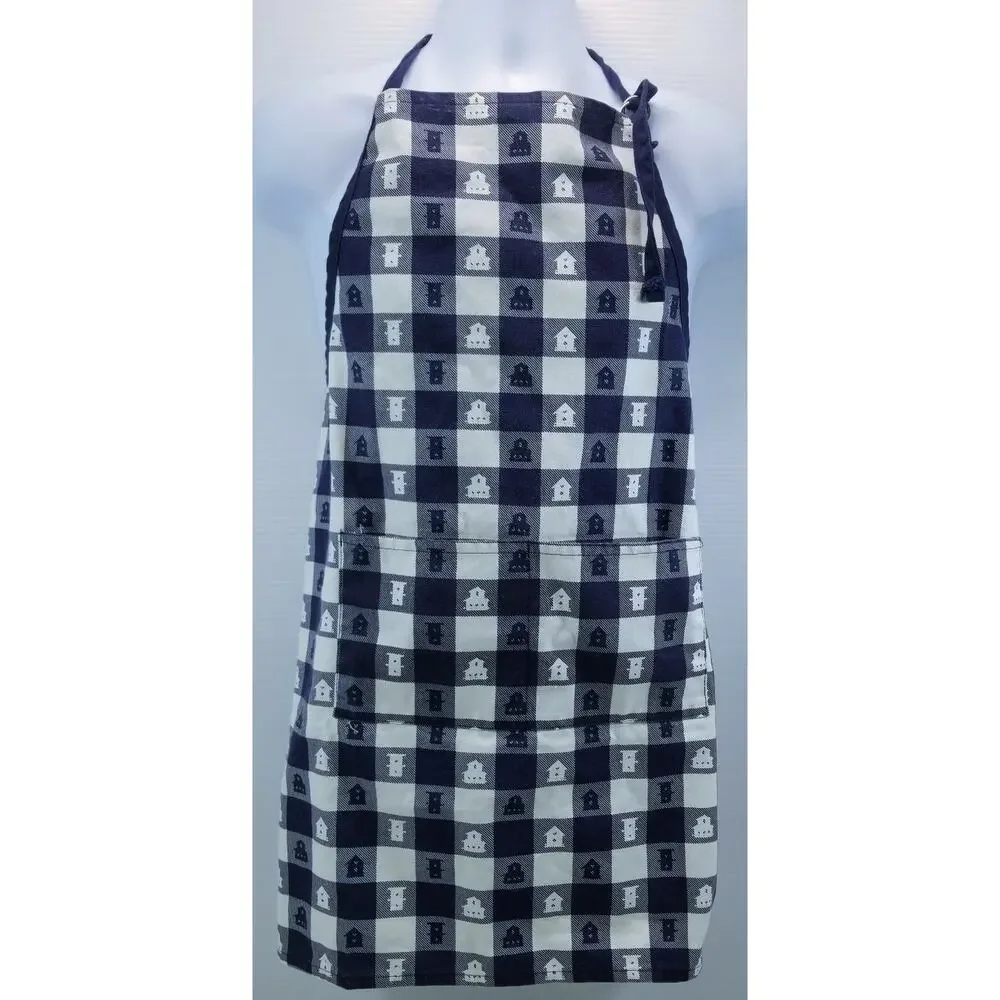 QQ) Hometex Blue White Country Cottage Chef's Apron Double Pocket 100% Cotton